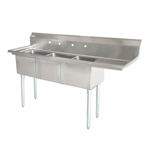 24″ x 24″ x 14″ Three Tub Sink with 1.8″ Corner Drain and Right Drain Board