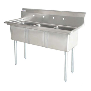 24″ x 24″ x 14″ Three Tub Sink with 1.8″ Corner Drain and No Drain Board