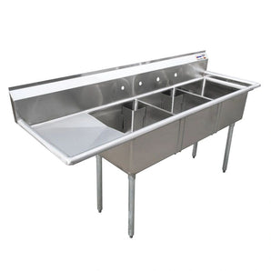 24″ x 24″ x 14″ Three Tub Sink with 1.8″ Corner Drain and Left Drain Board